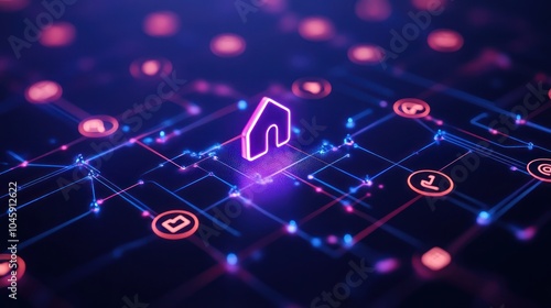 futuristic neon network with home icon on digital grid