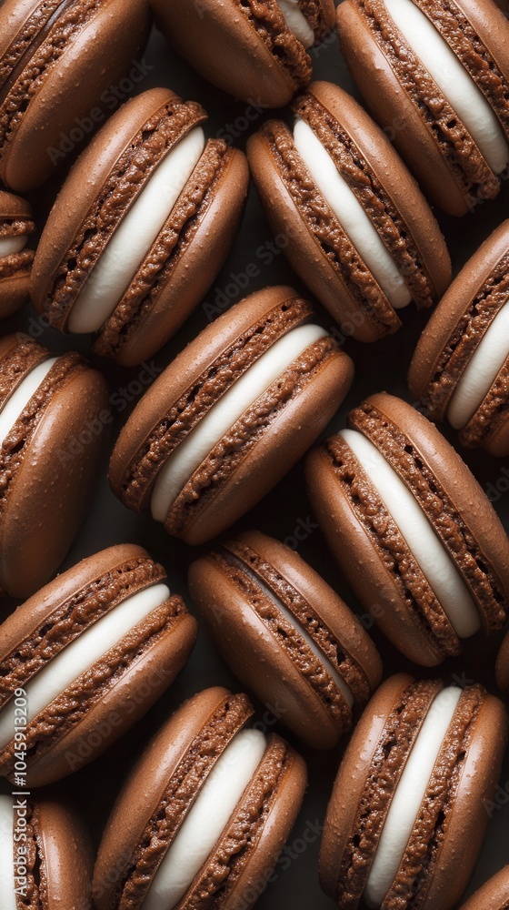 Delicate rows of chocolate macarons showcasing creamy filling in a luxurious confectionery arrangement, mockup, mock up, template, empty, for text, place, copyspace, copy space Delicate rows of chocolate macarons showcasing creamy filling in a luxurious confectionery arrangement, mockup, mock up, template, empty, for text, place, copyspace, copy space