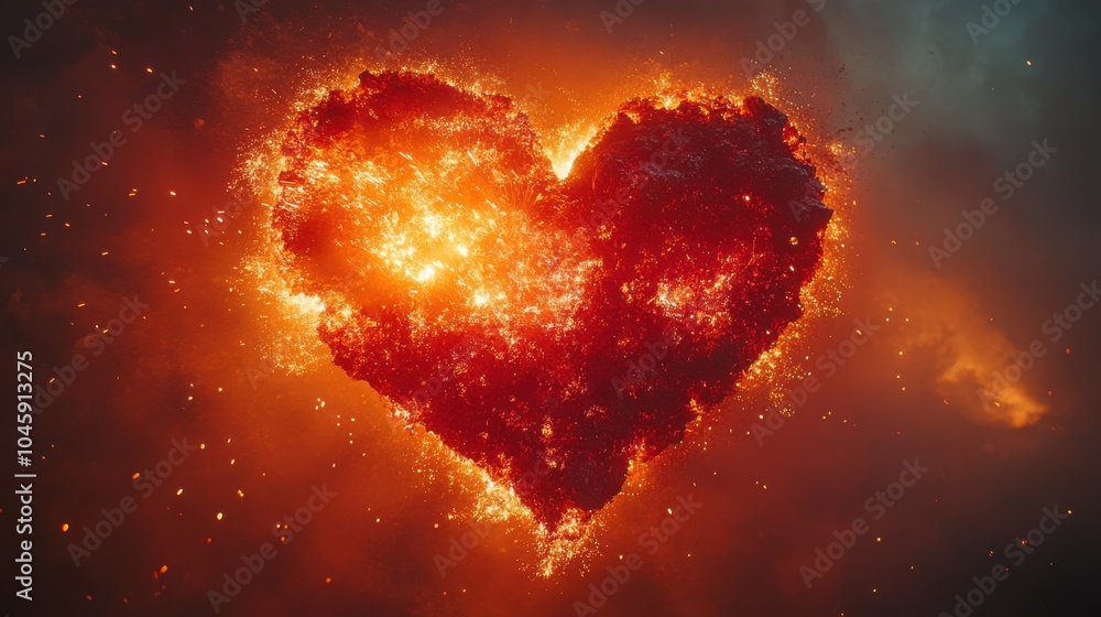 A fiery heart made of glowing embers, symbolizing passion and intensity against a dark background. A fiery heart made of glowing embers, symbolizing passion and intensity against a dark background.