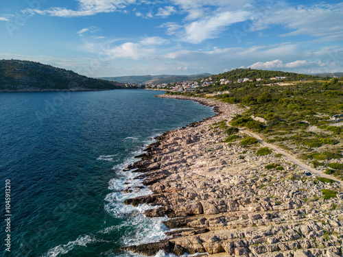 Aerial view of Punta Planka peninsula and summer houses and villas on the shore of Razanj village, Croatia photo