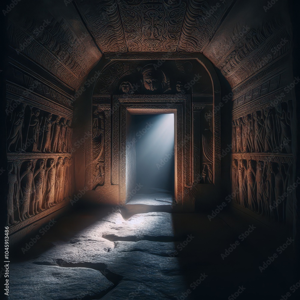 AI generated Within the dim, ancient relief stone chamber, a beam of light from the setting sun illuminates the entrance, revealing the eerie contours of the medieval architecture. AI generated Within the dim, ancient relief stone chamber, a beam of light from the setting sun illuminates the entrance, revealing the eerie contours of the medieval architecture.