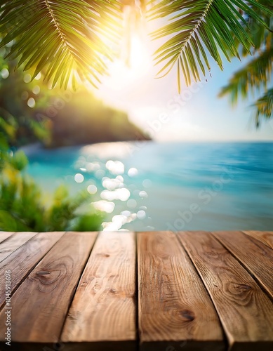 Rustic wooden table under palm leaves with a stunning tropical beach view at sunset. Generative AI photo