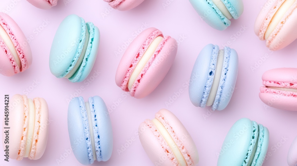 pastel colored macarons on pink background flat lay
