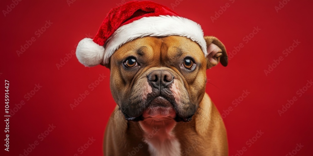Dog Wearing Santa Hat on Red Background, Festive Pet Illustration. Generative AI Dog Wearing Santa Hat on Red Background, Festive Pet Illustration. Generative AI