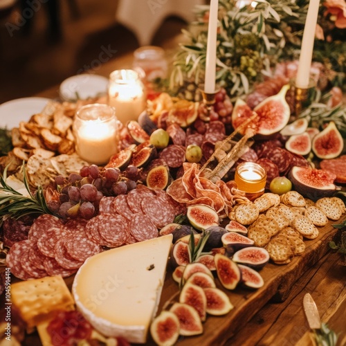 A lavish charcuterie board adorned with an assortment of meats, cheeses, and gourmet crackers photo