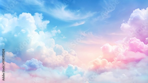 Soft pink, blue, white watercolor pastel sky with fluffy clouds in wide-angle view photo