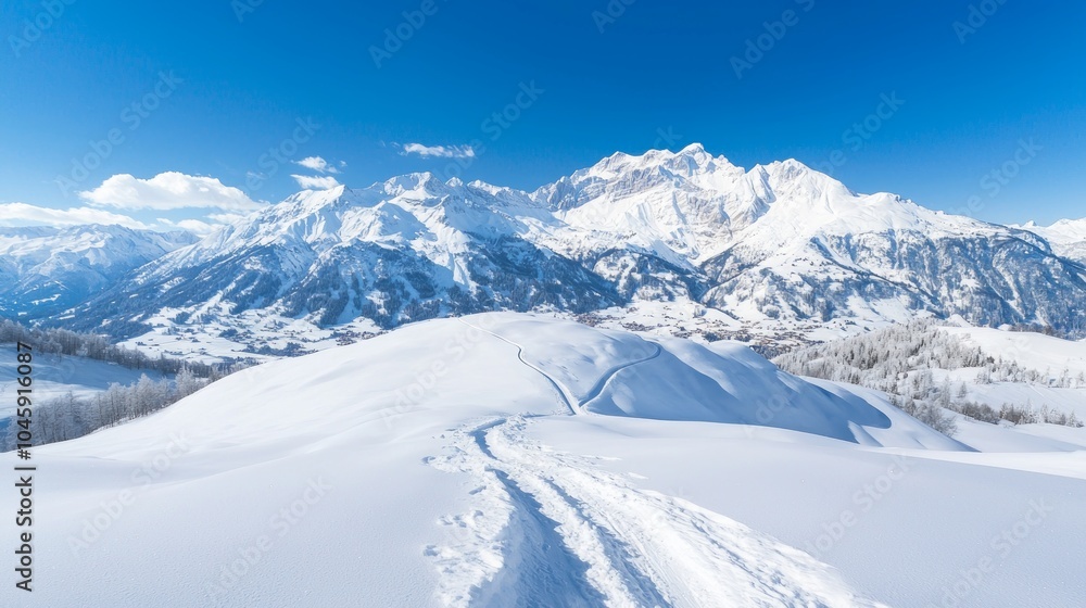 Majestic Winter Wonderland: Snow-Covered Medieval Mountain Range with Village Below Majestic Winter Wonderland: Snow-Covered Medieval Mountain Range with Village Below