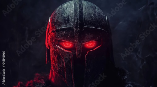 ancient spartan helmet with red glowing furutistic cyber eyes in the dark looking straight on dark background photo