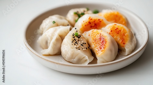 Colorful Korean-style vegan dumplings served on a clean marble kitchen surface, showcasing a delightful array of flavors and textures Jiaozi, Geza, photo