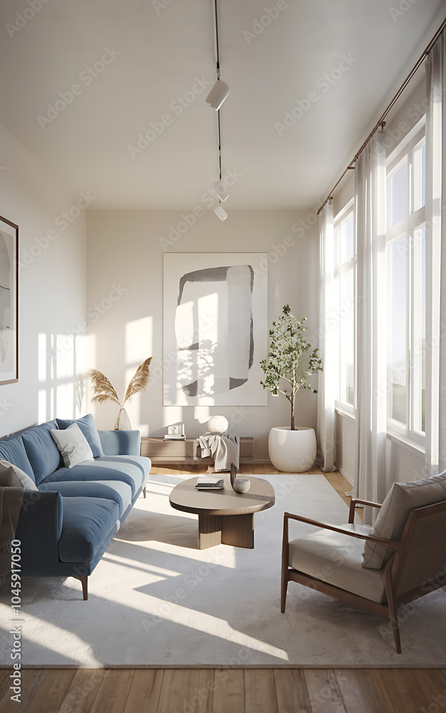 Fototapeta premium Blue sofa and beige armchair in a modern living room with natural light Minimalist Scandinavian interior design 