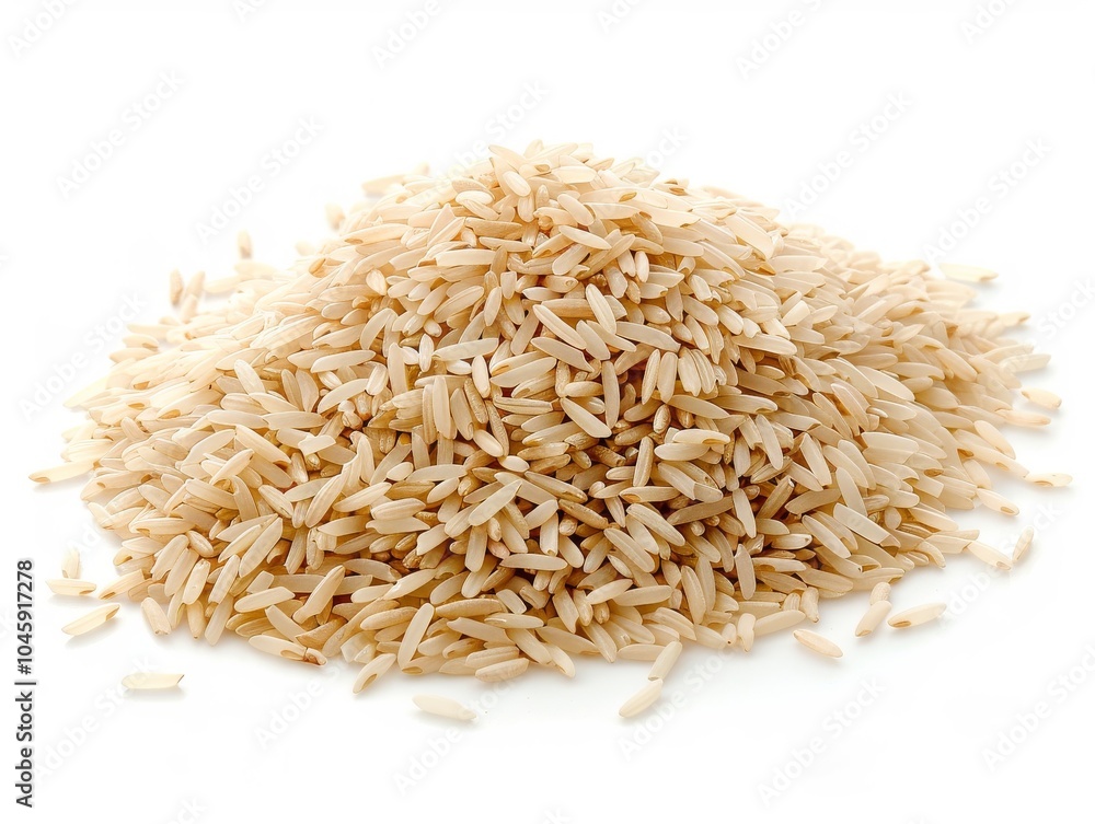 A mound of basmati rice grains on a white background A mound of basmati rice grains on a white background