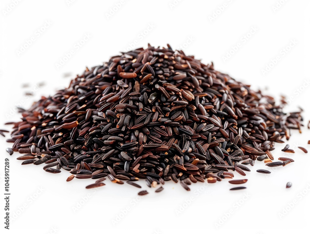 A mound of black glutinous rice on a white background