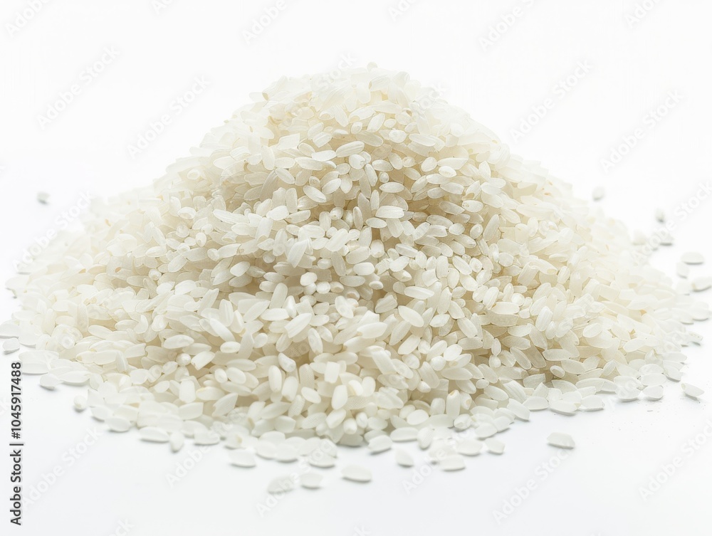 A mound of jasmine rice grains on a white background A mound of jasmine rice grains on a white background