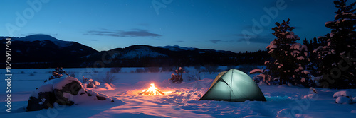 Campfire  tent  and snowy landscape  blue and orange  winter camping  serene and tranquil  winter escape   