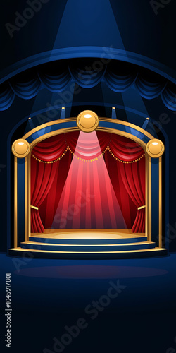 Red curtains and a blue stage with gold accents  anticipation and excitement  theatrical performance   