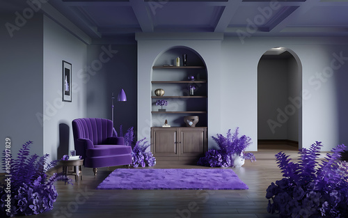 Purple armchair and plants in a modern living room with a purple rug  creating a cozy and inviting atmosphere   
