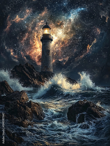 Lighthouse standing on a rocky shore by the sea at night, with dramatic waves crashing under a starry sky, symbolizing hope and safety amidst the power of nature. photo