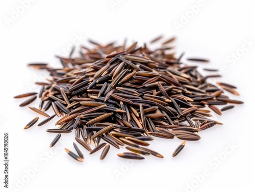 A mound of wild rice grains on a white background