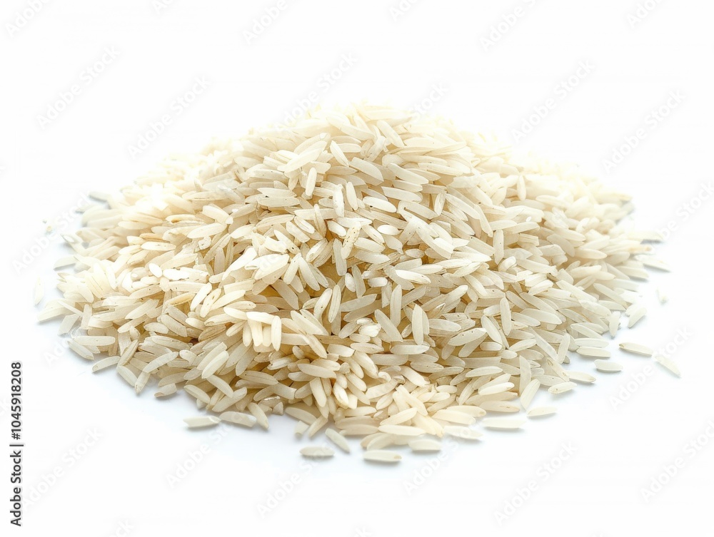 A pile of cooked basmati rice on a white background A pile of cooked basmati rice on a white background