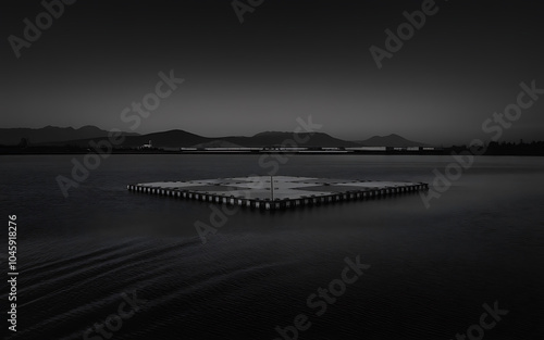 Black and white photo of a square dock in a lake with a mountain range in the background  Minimalist calm and serene  Tranquil lake scene   