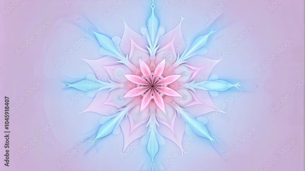 Obraz premium Beautiful abstract snowflake design in pastel colors on a soft pink background 