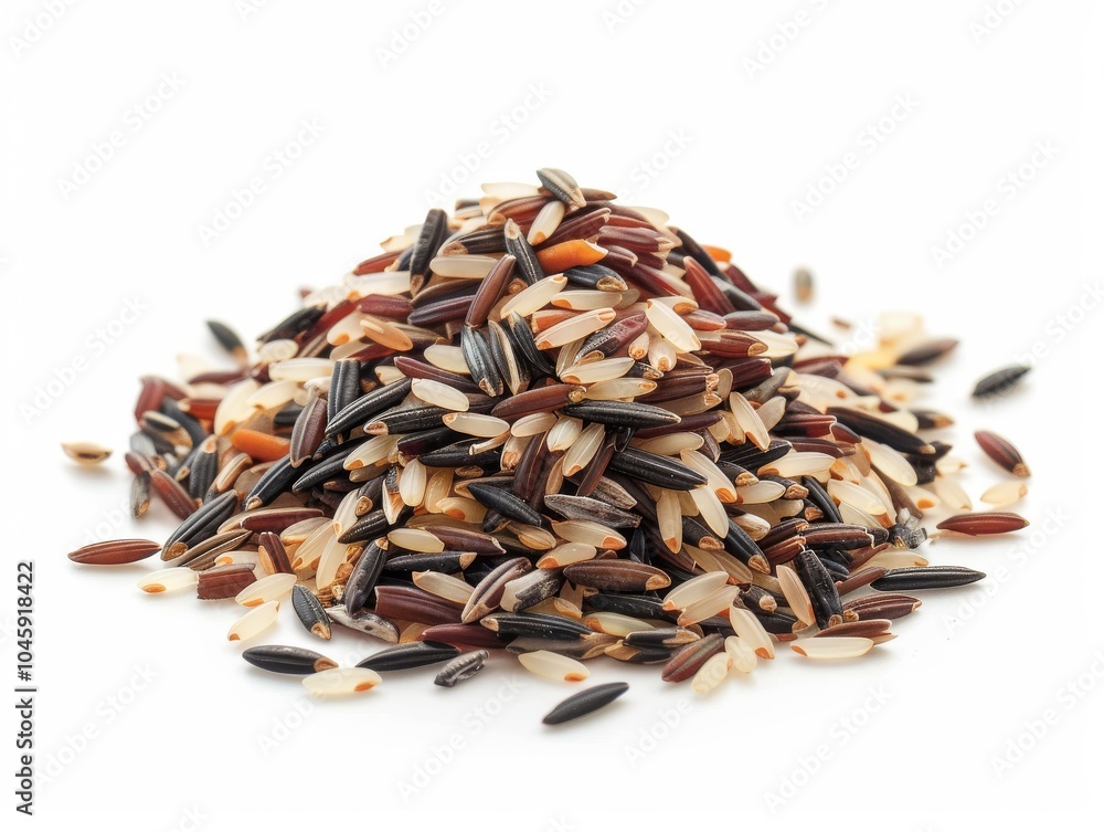 A pile of mixed grains of wild rice on a white background A pile of mixed grains of wild rice on a white background