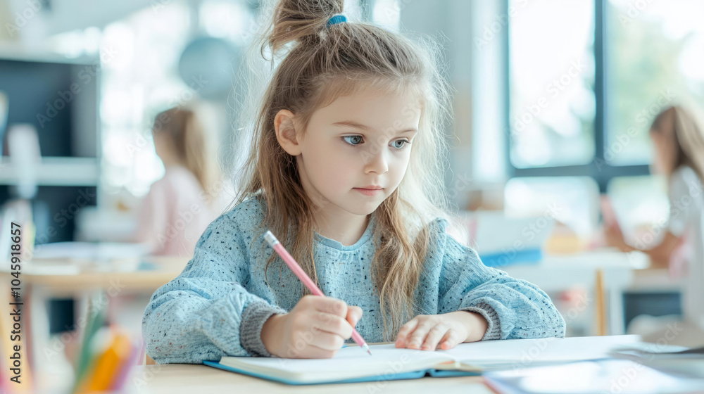 young girl is focused on her notebook, writing with pencil in bright, minimalistic classroom. atmosphere is calm and encourages creativity and learning young girl is focused on her notebook, writing with pencil in bright, minimalistic classroom. atmosphere is calm and encourages creativity and learning