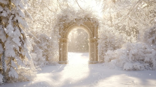 Enchanted Winter Wonderland: Snow-Covered Stone Archway Leading to Magical Forest with Glittering Ice Crystals