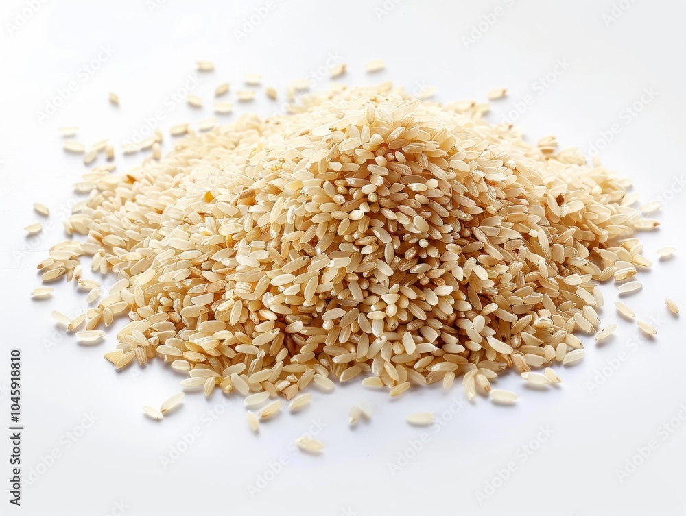A pile of uncooked jasmine rice grains on a white background A pile of uncooked jasmine rice grains on a white background