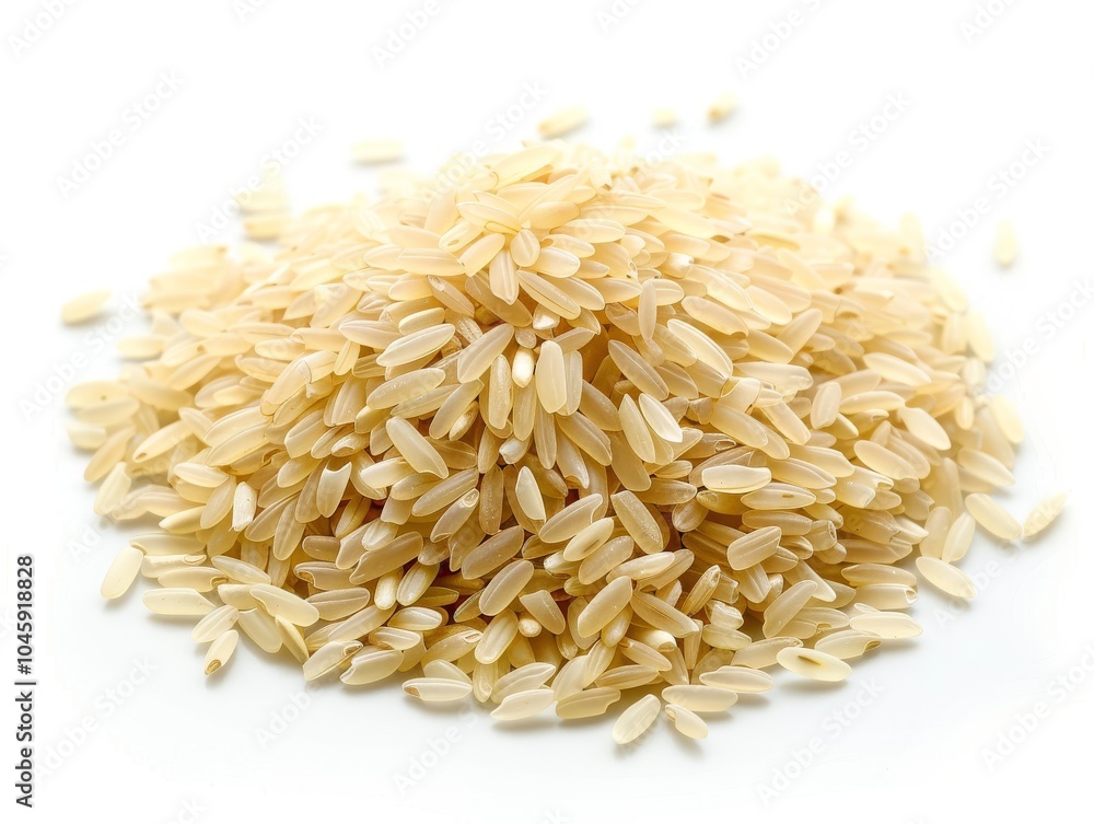 Obraz premium A pile of uncooked jasmine rice grains on a white background