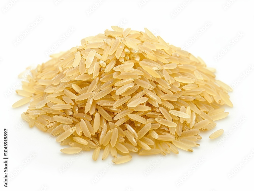 A pile of uncooked jasmine rice grains on a white background A pile of uncooked jasmine rice grains on a white background