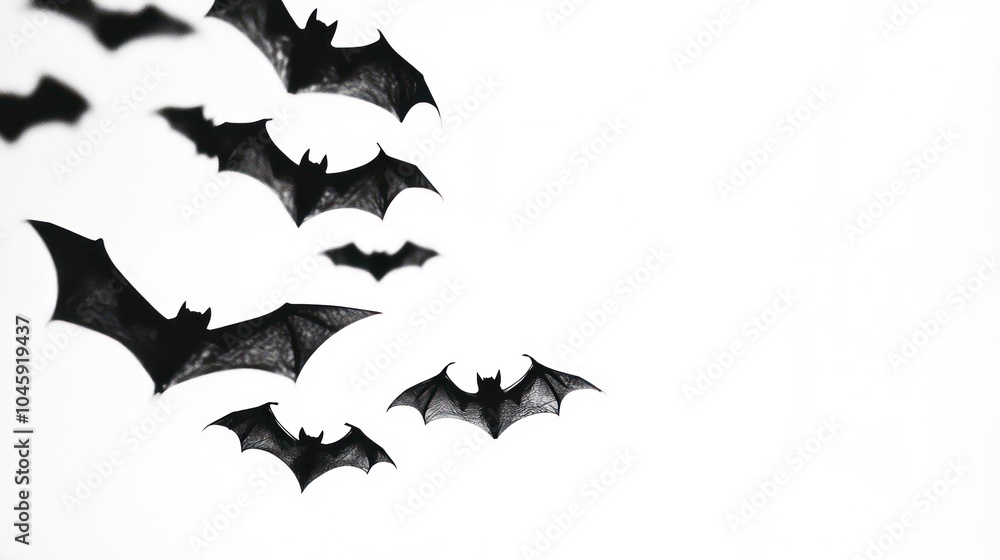 A flock of black bats flying in a diagonal line on a white background, leaving space for text. A flock of black bats flying in a diagonal line on a white background, leaving space for text.