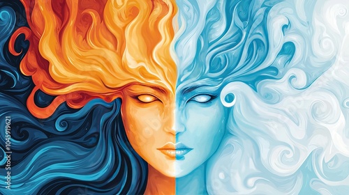   A portrait of two women, one with her eyes closed and her hair blowing in the wind photo