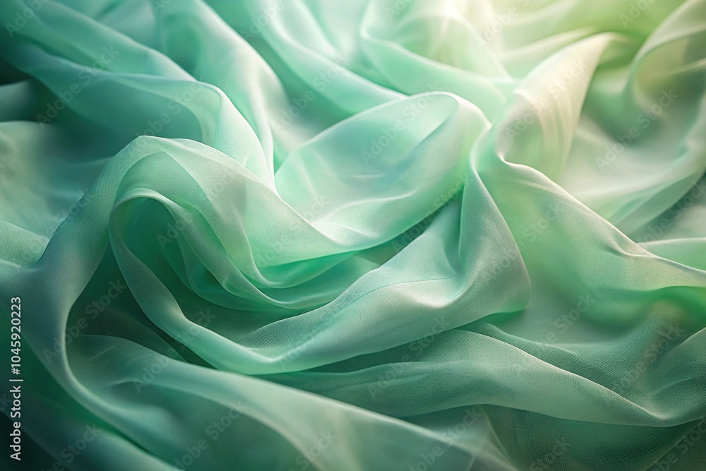 Soft play of light and shadow on translucent green fabric in pastel tones evokes calm and serenity Soft play of light and shadow on translucent green fabric in pastel tones evokes calm and serenity