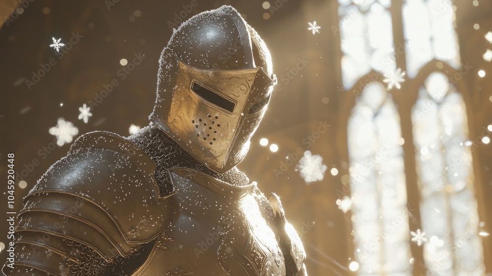 Majestic Display of a Medieval Knight's Armor in a Winter Grand Hall with Snowflakes - Symbolizing Recent Battle Victory Majestic Display of a Medieval Knight's Armor in a Winter Grand Hall with Snowflakes - Symbolizing Recent Battle Victory