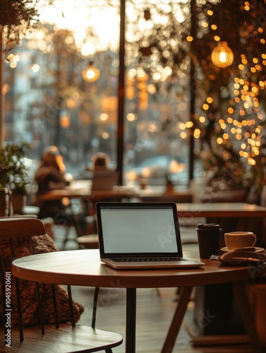 A laptop sits on a wooden table in a café adorned with lights, as customers enjoy the evening ambiance and warm drinks. Generative AI