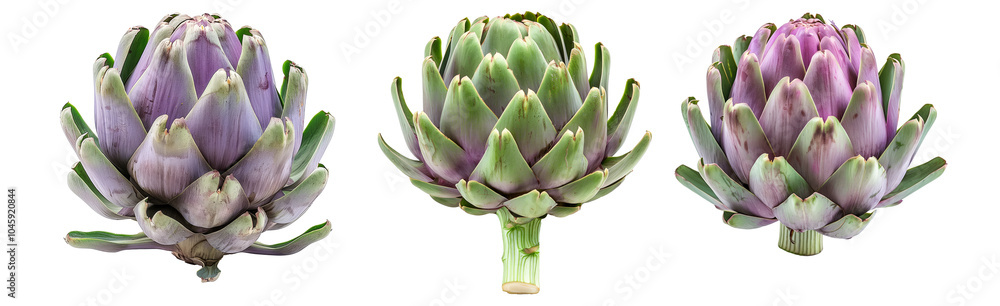 Set of Green artichoke with a purple base is isolated on a white background. Set of Green artichoke with a purple base is isolated on a white background.