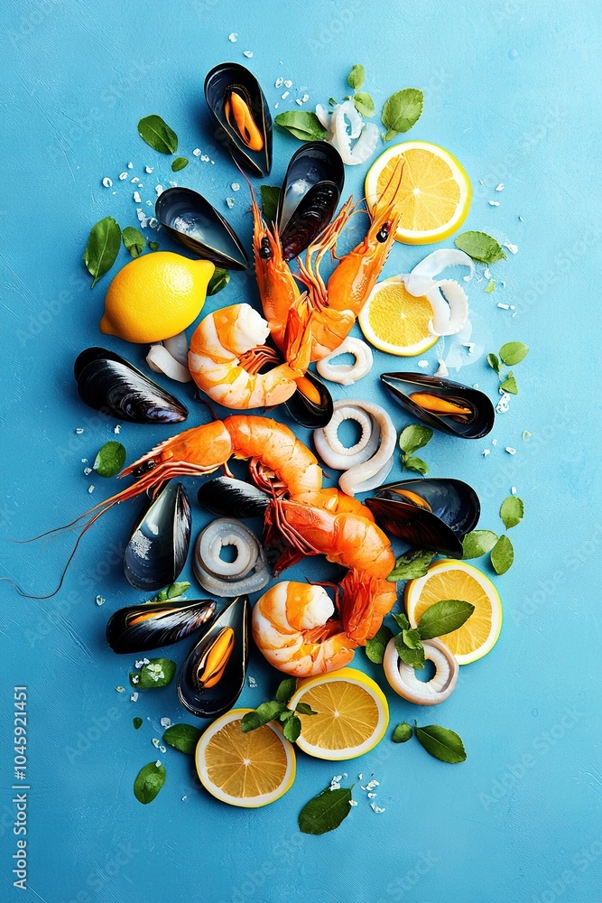 Seafood variety on blue background featuring lemons, mussels Seafood variety on blue background featuring lemons, mussels