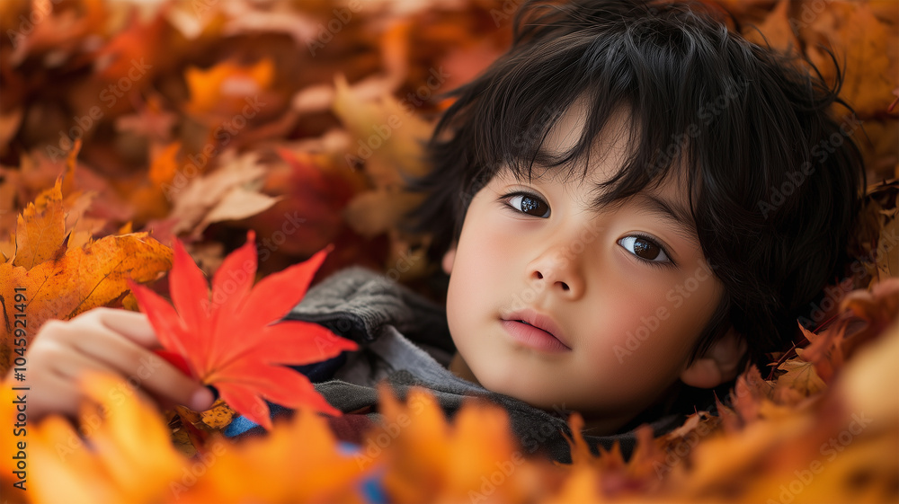 秋の楽しみを満喫する少年 秋の楽しみを満喫する少年