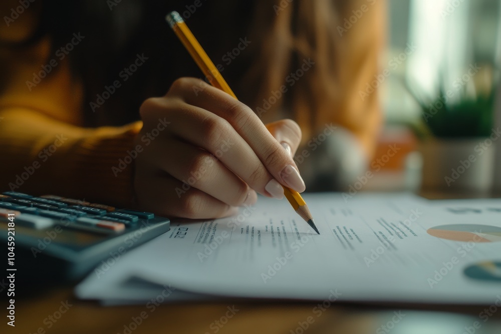 A woman's hand is writing on a paper with a pencil and a calculator is nearby. A woman's hand is writing on a paper with a pencil and a calculator is nearby.