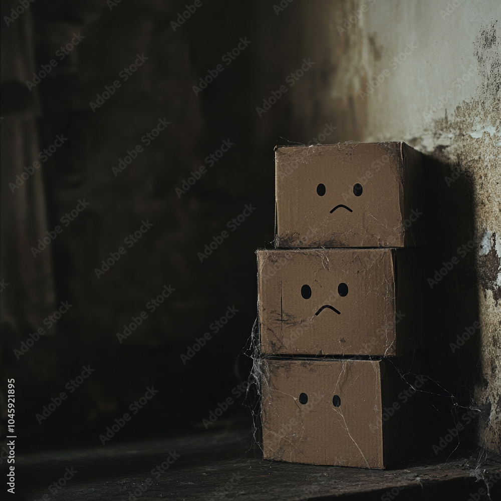 Sad cardboard boxes stacked in an abandoned room Sad cardboard boxes stacked in an abandoned room