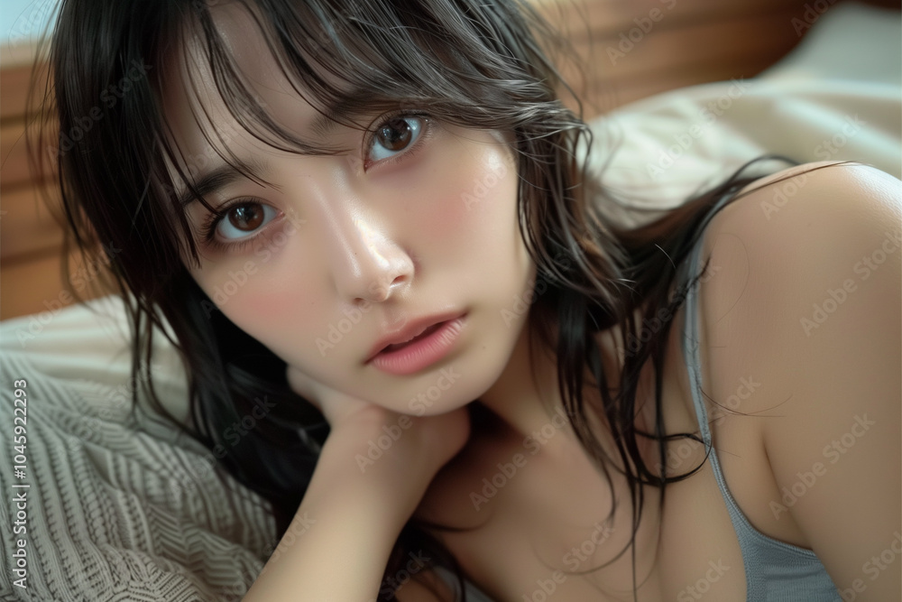 Naklejka premium グレーのタンクトップで魅力的な表情の女性 ヘルシー