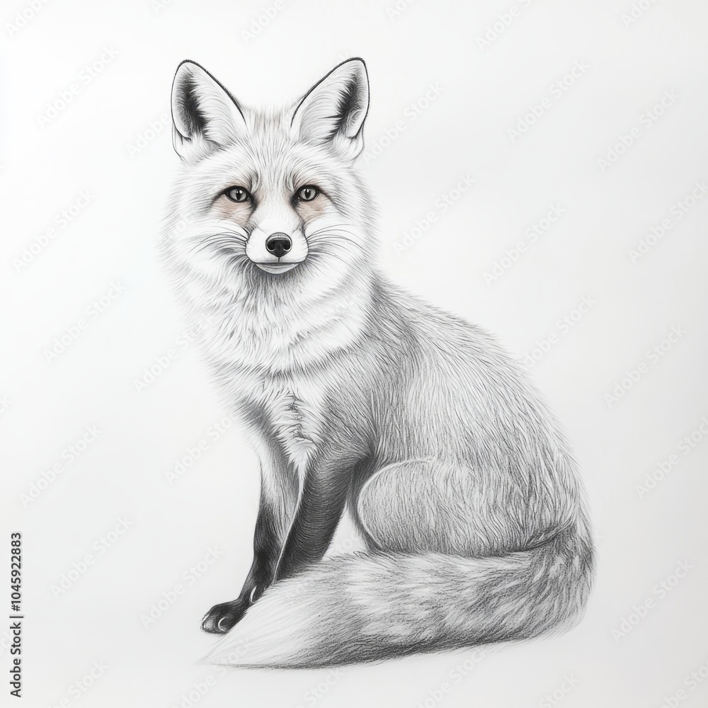 Obraz premium A detailed pencil drawing of a fox sitting on a white background.