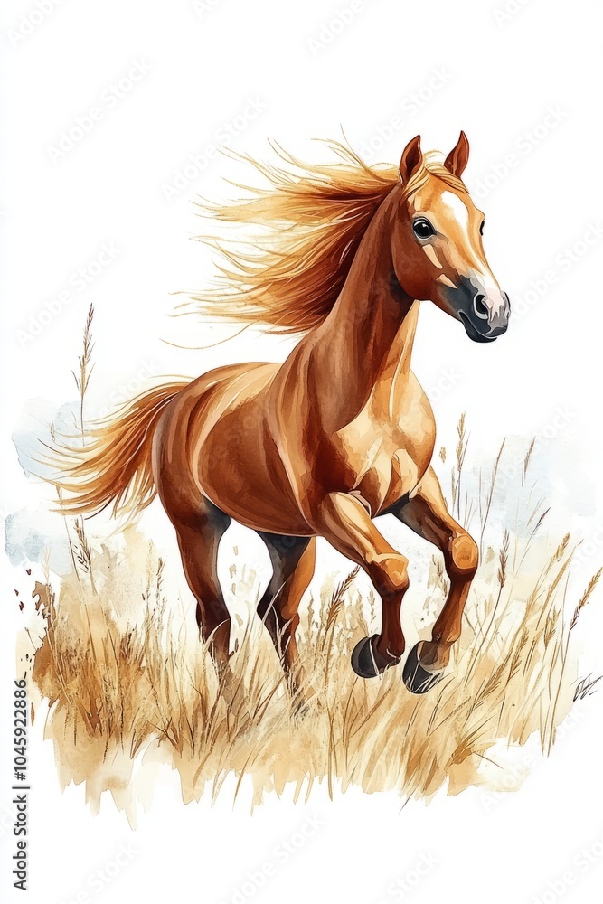 A brown horse runs through a field of tall grass. A brown horse runs through a field of tall grass.
