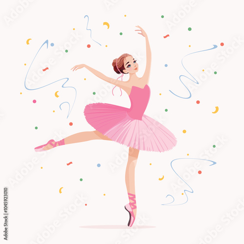 Pretty ballerina in pink dress dancing on white background. Vector illustration in flat cartoon style