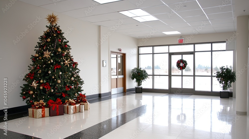 The lobby showcases decorated Christmas trees with red and gold ornaments placed in stylish flower pots by the entrance The lobby showcases decorated Christmas trees with red and gold ornaments placed in stylish flower pots by the entrance