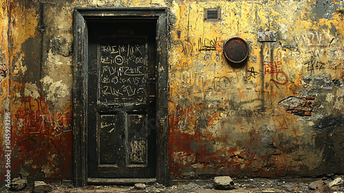 Celestial-style writing and scribbles on a textured wall, blending intricate cosmic patterns with a sense of mystery and otherworldly design, evoking ancient inscriptions and cosmic chaos. photo