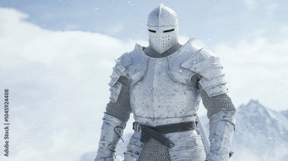 Fototapeta premium Knight in Shining Armor: Valiant Warrior on Snowy Battlefield with Misty Mountains in Medieval Fantasy Winter Scene