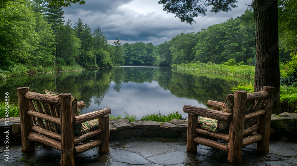 A serene outdoor seating area with furniture made from reclaimed wood, overlooking a natural pond A serene outdoor seating area with furniture made from reclaimed wood, overlooking a natural pond