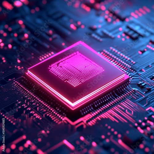 A glowing microchip on a circuit board, showcasing technology and innovation.